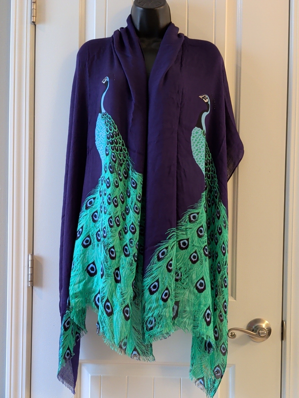 Kate Spade NY Full Plume Peacock Scarf Wrap Oblong Fringed Purple Green- Flaw